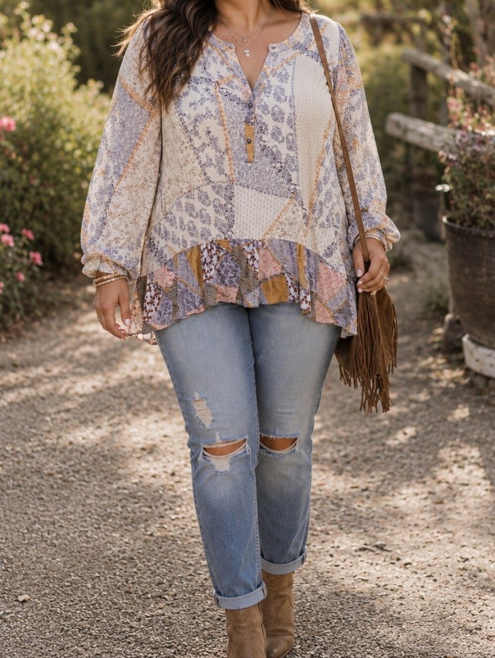 Tribal Women's Cream Patchwork Print Rayon Henley Ruffle Hem Boho Top Casual